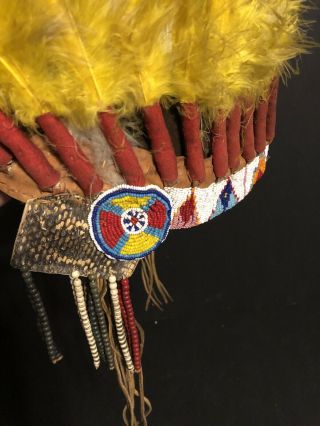 Native American Indian leather head dress real feathers great bead work 4