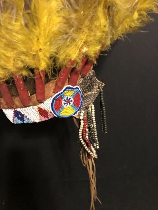 Native American Indian leather head dress real feathers great bead work 5