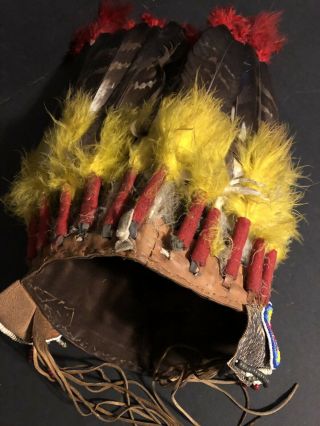 Native American Indian leather head dress real feathers great bead work 8