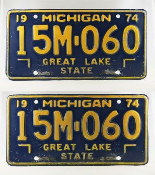 1974 Michigan Manufacturer License Plate Pair - 2 Matching Plates -