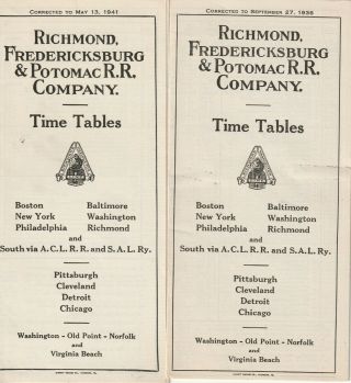 2 Richmond Fredericksburg & Potomac Railroad Railway Timetables 1936 & 1941