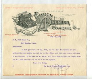 Vintage Illustrated Letterhead Smith Premier Typewriter 1905 Haven Ct