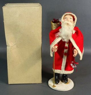 10 " Antique German Christmas Santa Claus Paper - Mache Figure Sack Bag Stick W/box