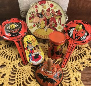 6 Vintage Halloween Tin Lithographed Noisemaker Decorations,  Kirchhof,  Ca.  1950s