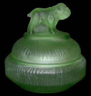 L.  E.  Smith " Spike " Green Depression Glass Bulldog Powder Jar
