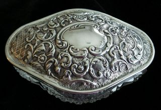 Antique Oblong Sterling Silver Reprousse Lid On Crystal Vanity Jar Hallmark