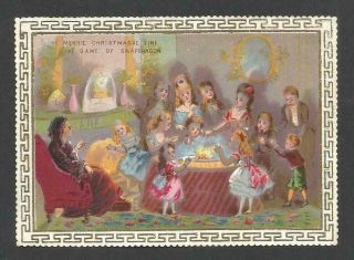 Z27 - Children Playing Snapdragon - Victorian Xmas Card - Embossed Border