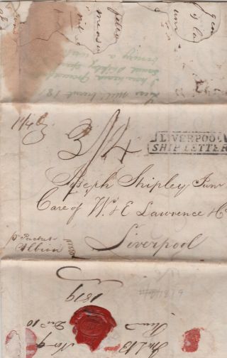 1819 Usa York Transatlantic Stampless Liverpool Ship Letter Per Albion