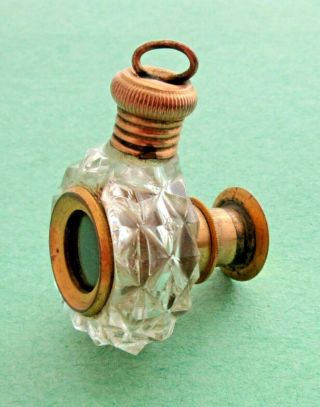 Antique Gilt Cut Glass Perfume Bottle With Monocular Spyglass Telescope Pendant