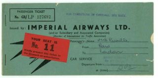 Imperial Airways Paris - London 1938 Ticket,  Bz529
