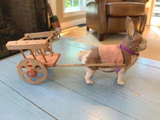 Putz Rabbit Bunny Pull Toy Cart Composition Germany Easter Candy Container Toy
