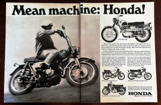 Vintage 1967 Honda Scrambler 305 Touring Sport Motorcycle Two Page Ad