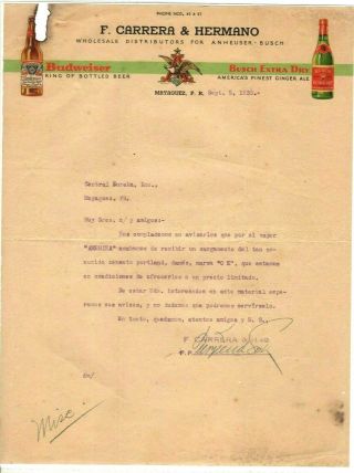 Vtg Commercial Letter / F,  Carrera & Hno / Budweiser / Mayaguez Puerto Rico 1933