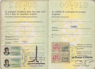 Togo Republic : 1992 Expired Passport 2500 Francs Consular Revenue Stamps