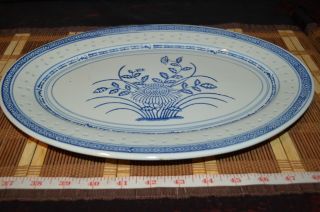 Asian Porcelain Blue & White Floral Rice Pattern Platter / Tray 14 " X10