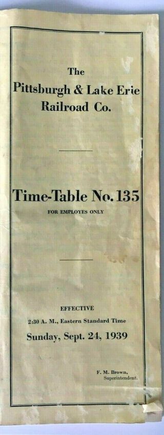 Vintage 1939 Pittsburgh & Lake Erie Rr Railroad Employee Timetable No 135 P&le