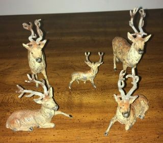 5 Vintage German Christmas Putz Lead Metal Reindeer Stag Deer.