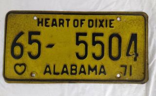 Alabama License Plate Vintage 65 - 5504 Black Yellow Heart Of Dixie 1971