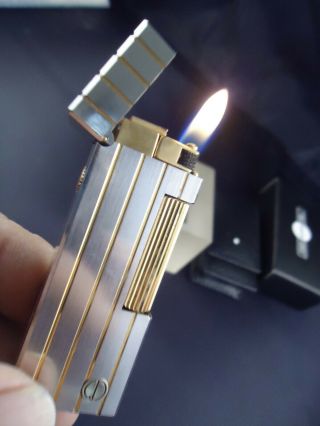 Dunhill Rollagas Lighter - Steel With Gold Lines - Dunhill Leather Case