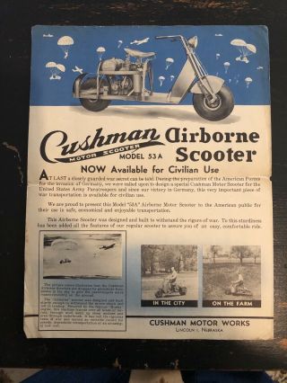 Vintage Cushman “airborne”scooter Motorcycle Advertising Brochure