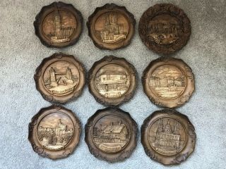 Vintage Travel Wood Plates,  Set Of 8