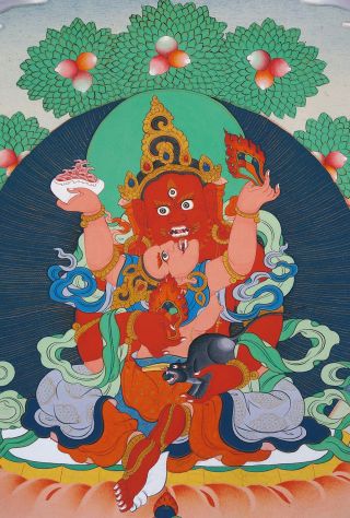 26 " Mineral Color Silkprint Tibetan Thangka: Fortune God Red Jambhala & Consort
