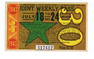Los Angeles California Pacific Electric Railway Weekly Pass July 18 - 24 1943