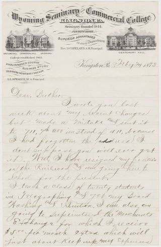 1873 Kingston Pa Letter From Wyoming Seminary & Commercial College - Letterhead