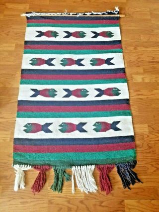 Vintage? Native American Rug Tapestry Wall Hanging Fish Still On Loom Rod
