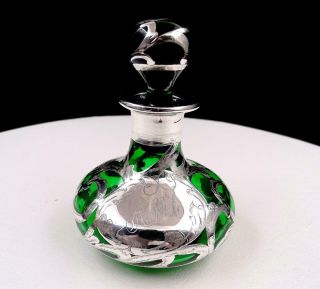 Art Nouveau Sterling Silver Overlay And Emerald Green 4 " Perfume Bottle 1900 
