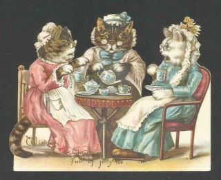 E99a - Anthropomorphic Cats Tea - Party - Victorian Xmas Card - Probably A.  Thiele
