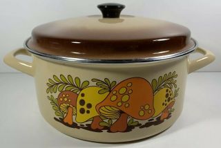 Vintage Enamel Merry Mushroom Dutch Oven Stock Pot Pan Cookware Retro 60s 70s