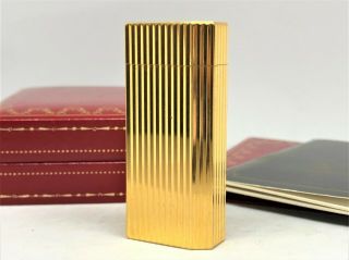 Auth Cartier K18 Gold - Plated Godron Striped Pentagon Lighter W Case & Papers