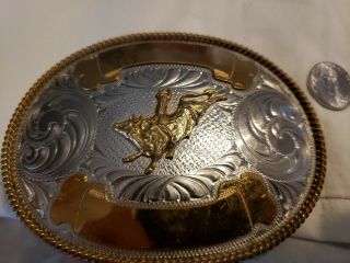 Large Bull Riding Belt Buckle,  Montana Silversmiths Nickel,  Made In The Usa