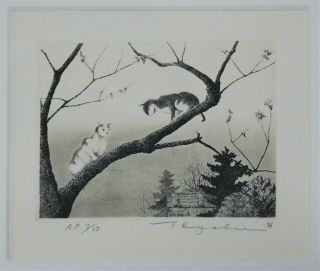 1986 Etching By Ryohei Tanaka 7/15 Two Cats (in A Tree) Signed In Pencil A.  P.