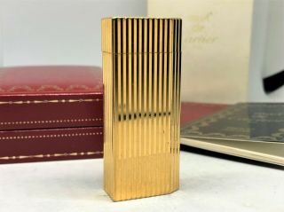 Auth Cartier K18 Gold - Plated Godron Striped Pentagon Lighter & Case & Papers