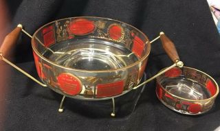 Cool Rare Vintage Mid Century Modern Gold Leaf & Red Bowls Chip And Dip Set