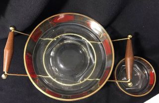 Cool rare Vintage mid century modern Gold Leaf & Red Bowls Chip and Dip Set 4