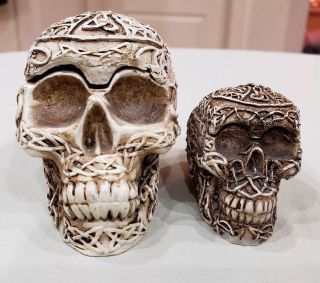 Vintage Celtic Tribal Resin 2 Nesting Skulls 3.  25 " Pagan Wicca Figurine Stash