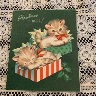 Vintage Greeting Card Christmas Cat Kitten Gifts Holly