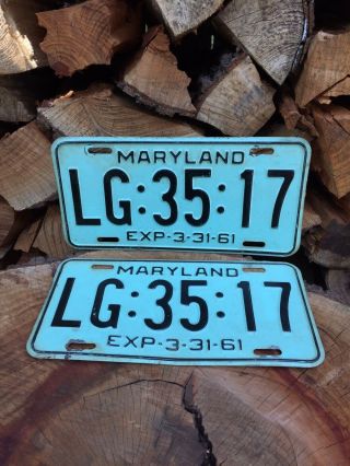 Vintage 1960 - 1961 Aqua Green Maryland Md License Plate Set Lg:35:17