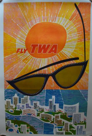 1960 David Klein Fly Twa Miami Florida Travel Poster 40 " X 25 " Nr