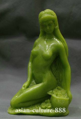 Glow In The Dark Green Jade Stone Belle Girl Nake Kneel Flower Statue