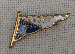 Asbury Park Nj Early 1900s Souvenir Flag Shaped Pin W/ Blue & White Enamel