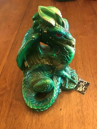 Large Windstone Editions Male Dragon Pena 1986 Green Color 9 Inch Tall & Tag