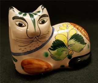 Vintage Hand Painted Mexican Pottery Cat From Tonala Signed Flor De Tonala