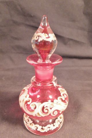Antique Cased Cranberry Glass Dresser Perfume Bottle W Enamel & Gilt Decoration