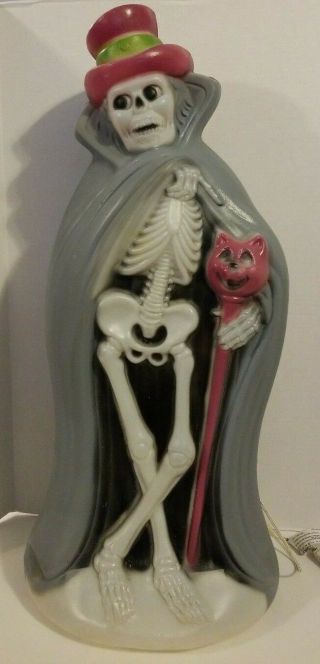 Vintage Blow Mold Halloween Skeleton W/top Hat / Cape And Cat 34 " Tall