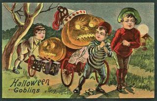 1920s Halloween Postcard Jack - O - Lanterns Halloween Goblins Rare