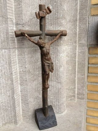 Antique France Religious Signed Cast Iron On Wood Cross Crucifix Jesus Corpus